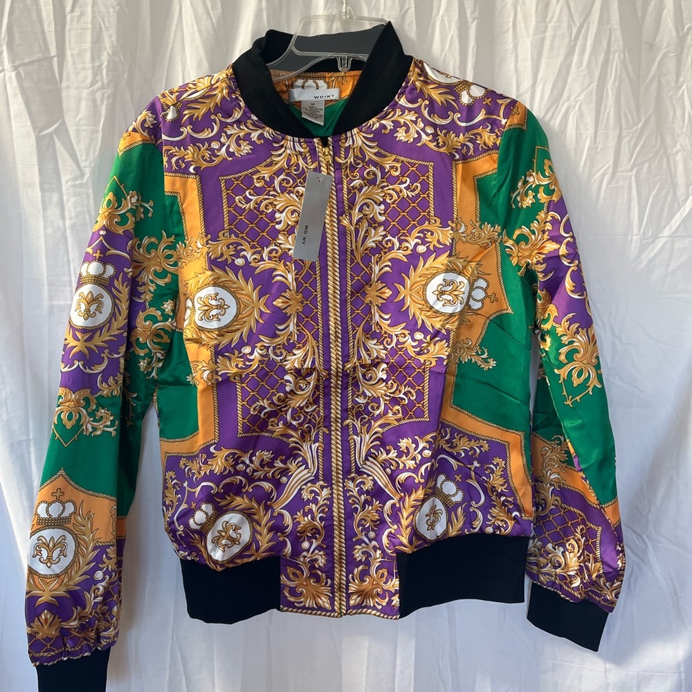Vintage WD NY Bomber Jacket Designer Look Print Multi Color Medium